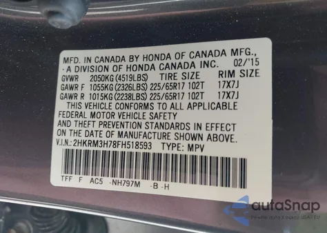 2015 Honda Cr-V Ex-L from USA, damaged, VIN 2HKRM3H78FH518593